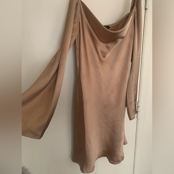 Champagne Mini Satin Long Sleeve Dress - Picture 3 of 5